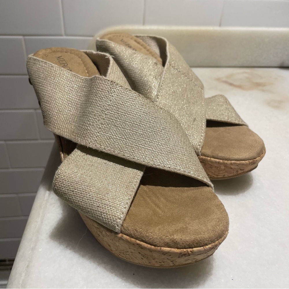 Beige Stretchy Wedge Sandals with Cork Heel Size 7
